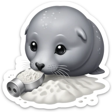 Grey seal is Sniffing white powder and holding the powder  sticker