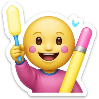 An excited yellow emoji face with closed smiling eyes and blushing cheeks, cheering enthusiastically while holding up two glow sticks (one blue, one pink). It represents high energy, fandom, and celebration. sticker