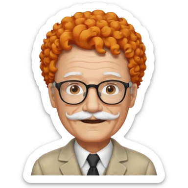 An elderly man with curly orange hair, brown eyes, black glasses, and a white mustache, wearing a gentle smile. sticker