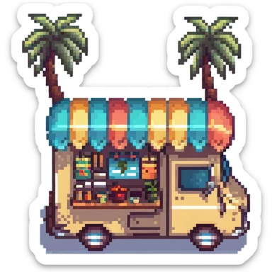 Hawaiian style food truck with palm trees and surfboards in pixel art style sticker