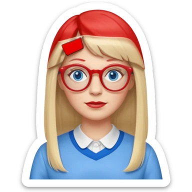 45 yr old white woman, pale skin, long straight blond hair parted in center, blue eyes, bangs, clothes for school, big red glasses, oval face sticker
