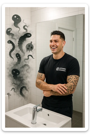 a man stands in a brightly lit bathroom, looking relieved and revitalized as he examines his reflection in the mirror. In the foreground, stylized, shadowy images of parasites (such as worms or protozoa) are shown leaving his body, dissolving into mist or fading away. His posture is upright and his expression is one of newfound energy and health. sticker