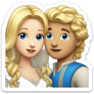 A blond boy with blue eyes who kisses a pretty blonde girl with blues eyes,  with a heart above their heads  sticker