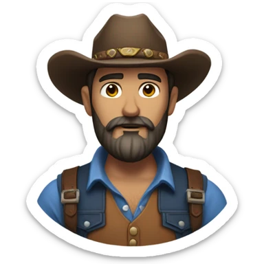 a rugged cowboy with a thick beard, wearing a blue vest over a classic western shirt. He should have a confident stance, showing full torso sticker