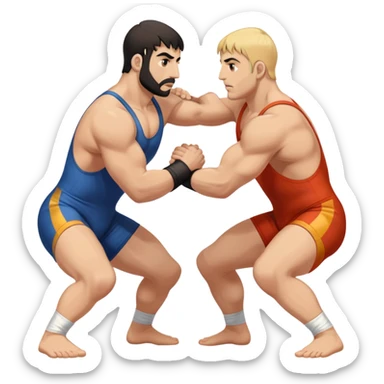 An icon symbolizing Greco-Roman wrestling, showing two wrestlers locked in a powerful grip, focusing on upper-body techniques. The background features a wrestling mat, with the athletes wearing traditional singlets. Transparent background highlights the strength and skill of the sport. sticker