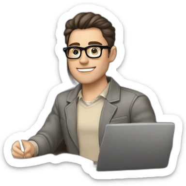 Pale skinned Fit Man With dark brown hair in gray jacket, beige office shirt and vintage glasses sitting In a soft chair with a notebook with emblem Ψ and a pen in his hands sticker