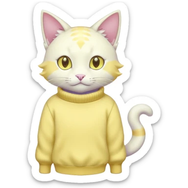 Albino shiny glossy smooth soft realistic cute pretty elegant cat-garurumon-purloin-feline-Fakemon-Digimon-creature wearing a pastel yellow sweater fursona (full body)  sticker