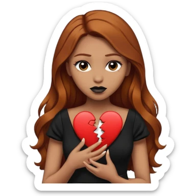  woman light olive skin long dark ginger hair dark make up holding a broken heart black dress sticker