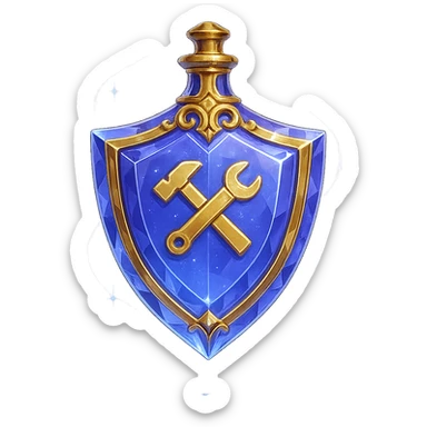 luxurious crystal elixir bottle in shield shape, color #7986cb, with 🛠 symbol on the bottle, lots of shining, edges, ornaments, golden details, magical effects, very small golden neck, transparent background, beautiful seamless bottom, bottle clearly floating in air, no base or shadow, premium class impression, modern and exclusive design, matching a collection of crystal, luxurious, magical bottles sticker