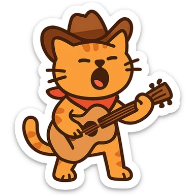 flat toon Yodeling orange cowboy cat strumming an acoustic guitar  sticker