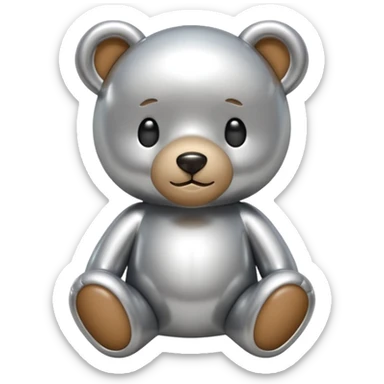 A cute teddy bear emoji made of liquid silver chrome, smooth rounded body, glossy metallic surface, soft reflections, friendly proportions, iOS emoji style, centered, clean white background sticker