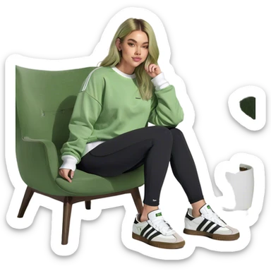 Girl long bright blonde highlighted hair middle part with rosy cheeks and plump mauve lips green eyes and wearing a white sweatshirt and black leggings with black and white adidas OG Samba sneakers sitting in a cozy chair posing with legs over the side of chair  sticker