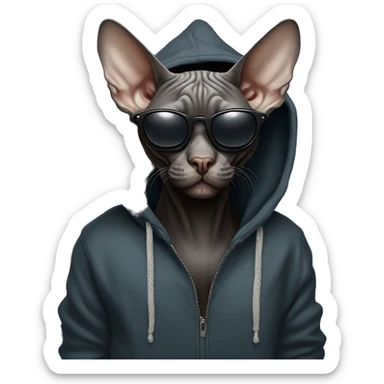 Black Sphynx cat with sunglasses and a hoodie sticker