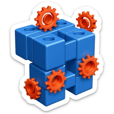 Modern minimal emoji: building blocks + connection flows + gear. Deep blue and coral colors. Professional no-code expert signature. Geometric clean style. sticker