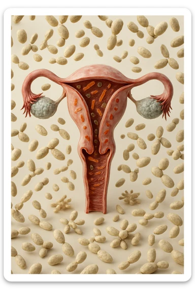utero umano realistico con batteri della candida intorno, la foto si deve vedere per intero in formato verticale, sullo sfondo neutro chiaro ci sono batteri della candida, iperrealistico 4k sticker
