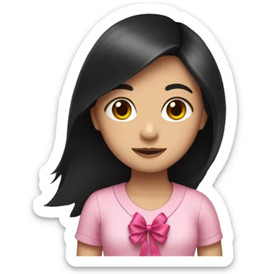 girl with long black hair and a pink ribbon sticker