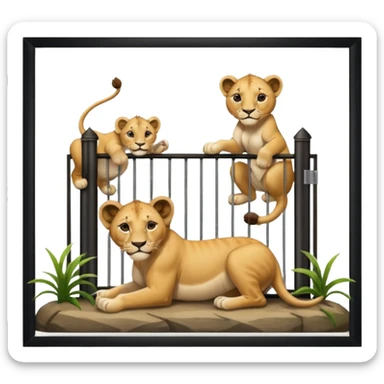 Un letrero del zoológico que dice “LION CUBS — BORN LAST WEEK” y delante una leona con sus cachorros recién nacidos, con la gente mirando emocionada desde la reja.






 sticker