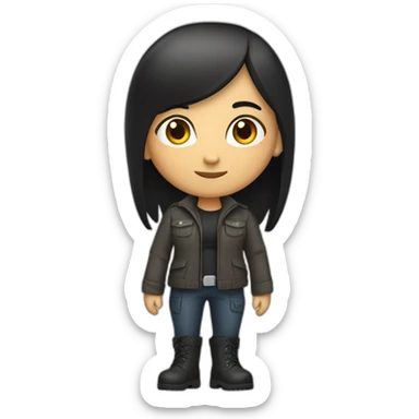 Small white woman with black hair halfway down her back, dressed in logistic clothes and boots. sticker