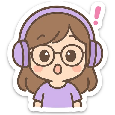 chibi style female brunette with glasses and a purple gaming headset, surprised facial expression sticker