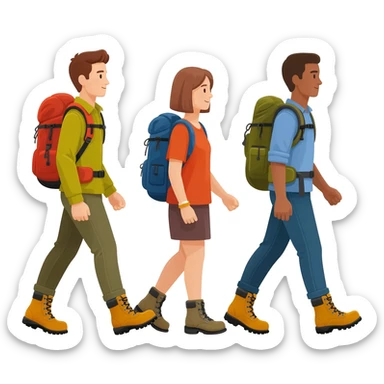 three startup team members walking from left to right with hiking boots and rucksacks to sticker