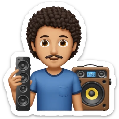 Boy with tanned skin, dark curly hair, a bit of a beard, and a music speaker in his hand. sticker