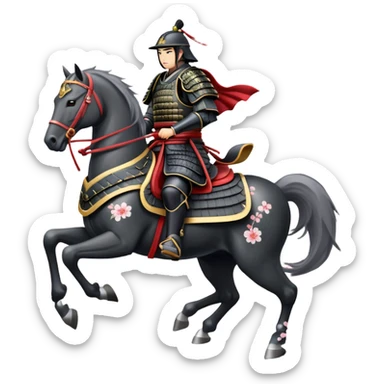 clash-of-clans-aesthetic_-cinematic-fearsome-and-majestic-samurai-bust-portrait-emoji, rendered in a flat, vector-style with minimal shading and bold, simplified shapes typical of emoji art, depicting a battle-hardened samurai with steely eyes and traditional black Japanese armor. The samurai is riding a noble grey warhorse adorned with an intricately designed saddle and fluttering banners, against a backdrop of cherry blossoms and a rising sun. a samurai on a   horse sticker