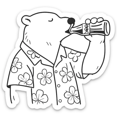 hand-drawn outline style polar bear in a Hawaiian shirt drinking Coca Cola sticker