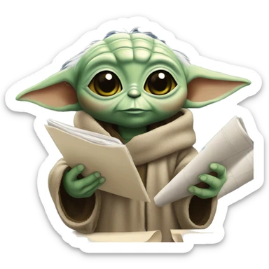 Baby Yoda is holding a smartphone, checking construction plans sticker