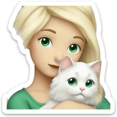 Blonde girl with blue eyes snuggling fluffy white cat with green eyes sticker