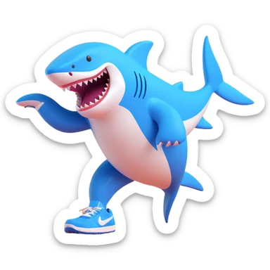 shark wearing blue Nike shoes, fun lively pose sticker
