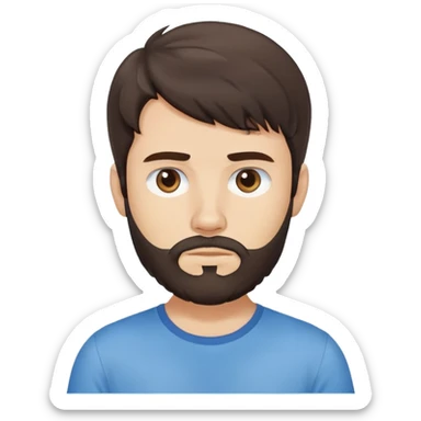 Argentine male with longer wavy dark brown hair reaching shoulders, wavy bangs, short complete beard, serious neutral face, wearing plain blue t-shirt sticker