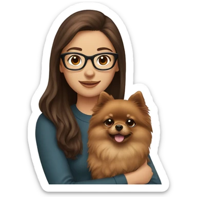 Brown haired girl with glasses holding brown Pomeranian  sticker