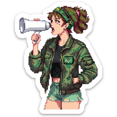 woman with green headband, camo jacket, holding a megaphone, angry expression sticker