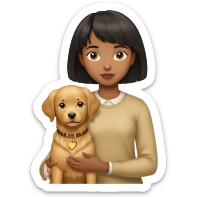 A black girl with short bangs holding a golden retriever sticker