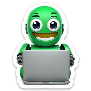 happy robot in laptop wearing green t-shirt sticker