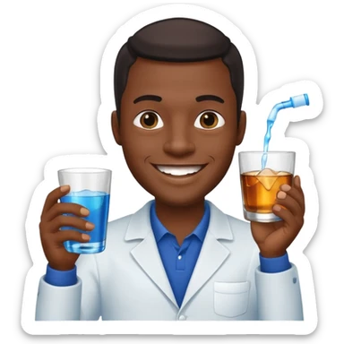 Smiling Black man, one hand with dark blue mouthwash, other with a cup of whiskey, sparkling teeth, black background sticker