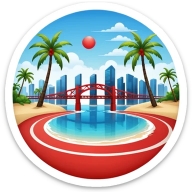 a circle island with modern buildings, a beach with palm trees in the front. also, a red bridge behind.  sticker
