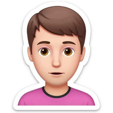 White man with short brown hair, long face, and pink male looking sassy sticker