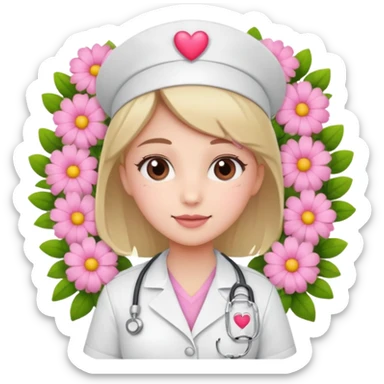 Nurse with pink heart and flowers surround her sticker