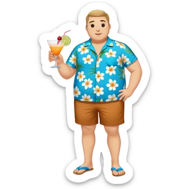 chubby guy full figure in a flowered azure havai shirt, brown shorts and flippers holding a cocktail sticker