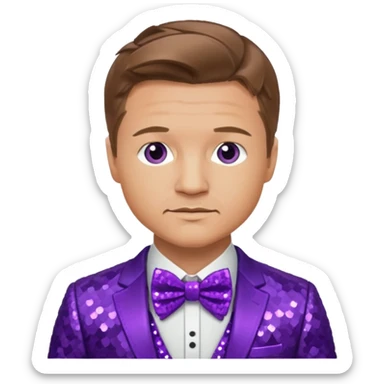 Jeremy Renner with light brown hair, purple sequin suit with bow tie sticker