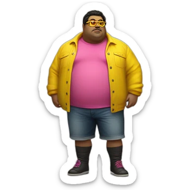 fat man with dark hair,a vibrant long yellow coat, pink glasses, short jeans shorts. Show full lenght peson, person fighting as superhero sticker