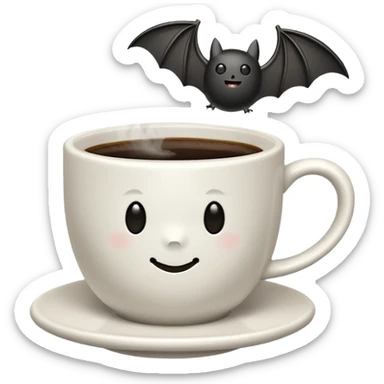 a steaming coffeecup with a bat sitting on it sticker