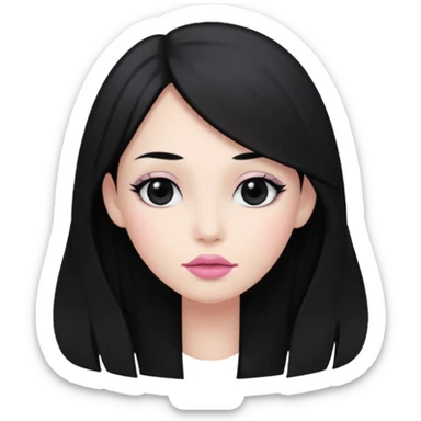 hair long black normal hair with black eyes, and white skin, white pinkish lip  sticker