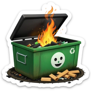 Green happy dumpster with an open black lid and a fire burning only inside it. there is litter and trash on the ground around it not burning sticker