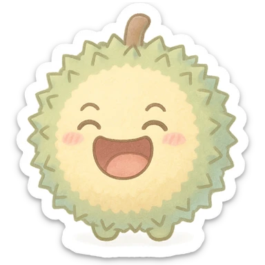 chibi style round durian character, green spiky shell, yellow flesh, soft fluffy, laughing, eyes closed, mouth wide open, soft pastel palette, full-body sticker