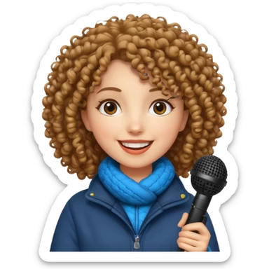curly haired woman with winter clothes holding microphone sticker
