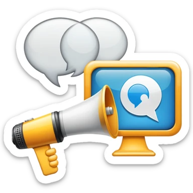 An icon featuring a megaphone, a billboard, and a handshake, symbolizing advertising and public relations. The design includes a speech bubble and media icons, representing communication and brand messaging. Transparent background highlights the influence of PR and marketing strategies. sticker