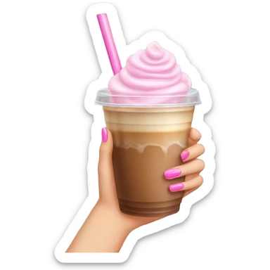 Hand with pink nails holding an iced coffee sticker