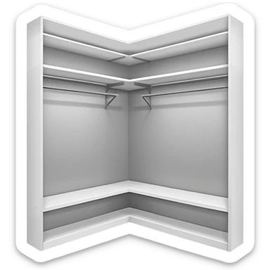 Glossy white PVC corner closet with L-shaped design, fitted into a sharp room corner. Clean, simple shelves and smooth panels with subtle shadows to show depth. Minimalist look with modern vibes, no handles or textures, emoji-style with bright highlights and soft gray edges to define structure. sticker